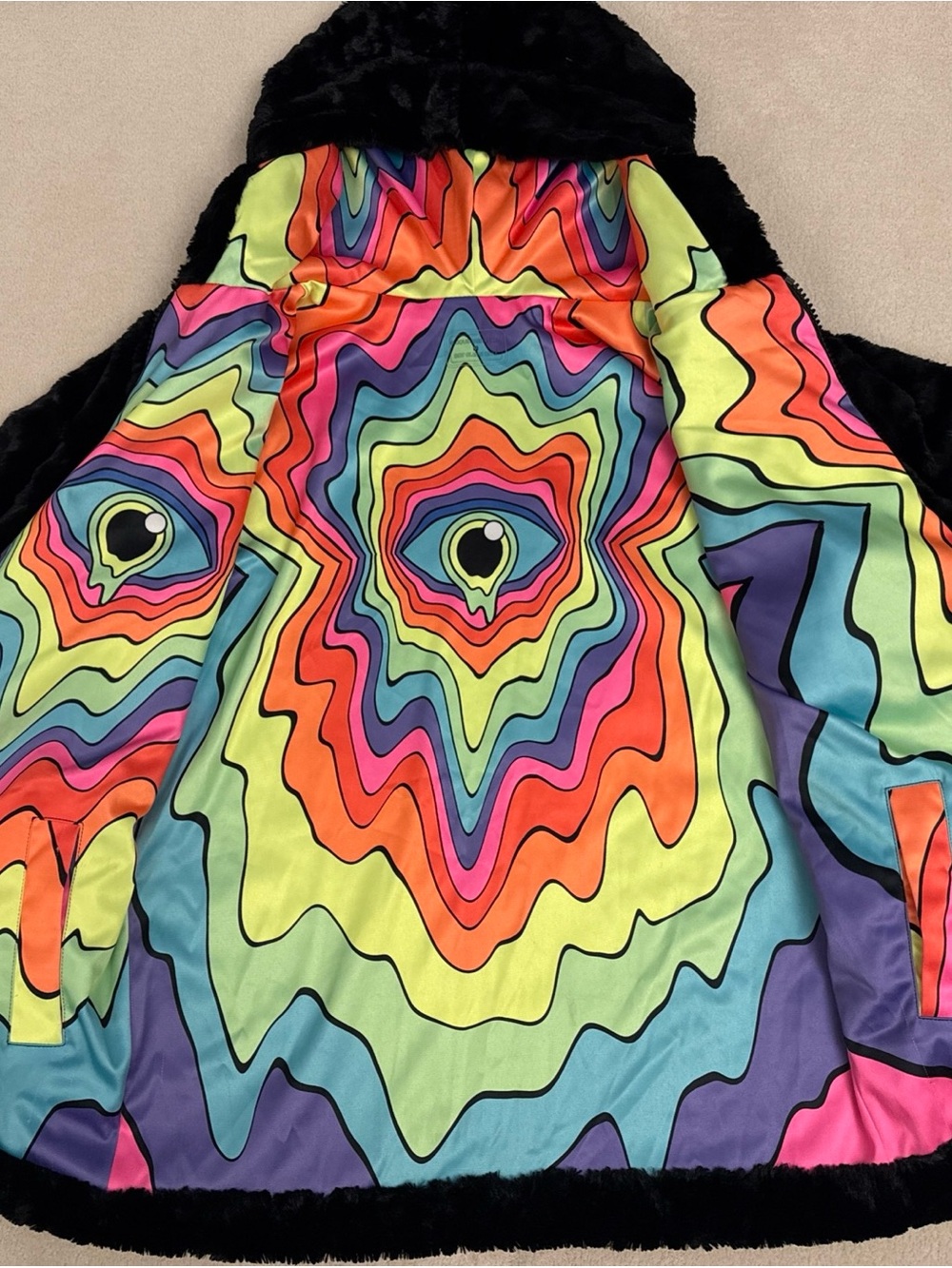 Liquid Dreams Art faux fur reversible jacket trippy rave festival wear EDC style